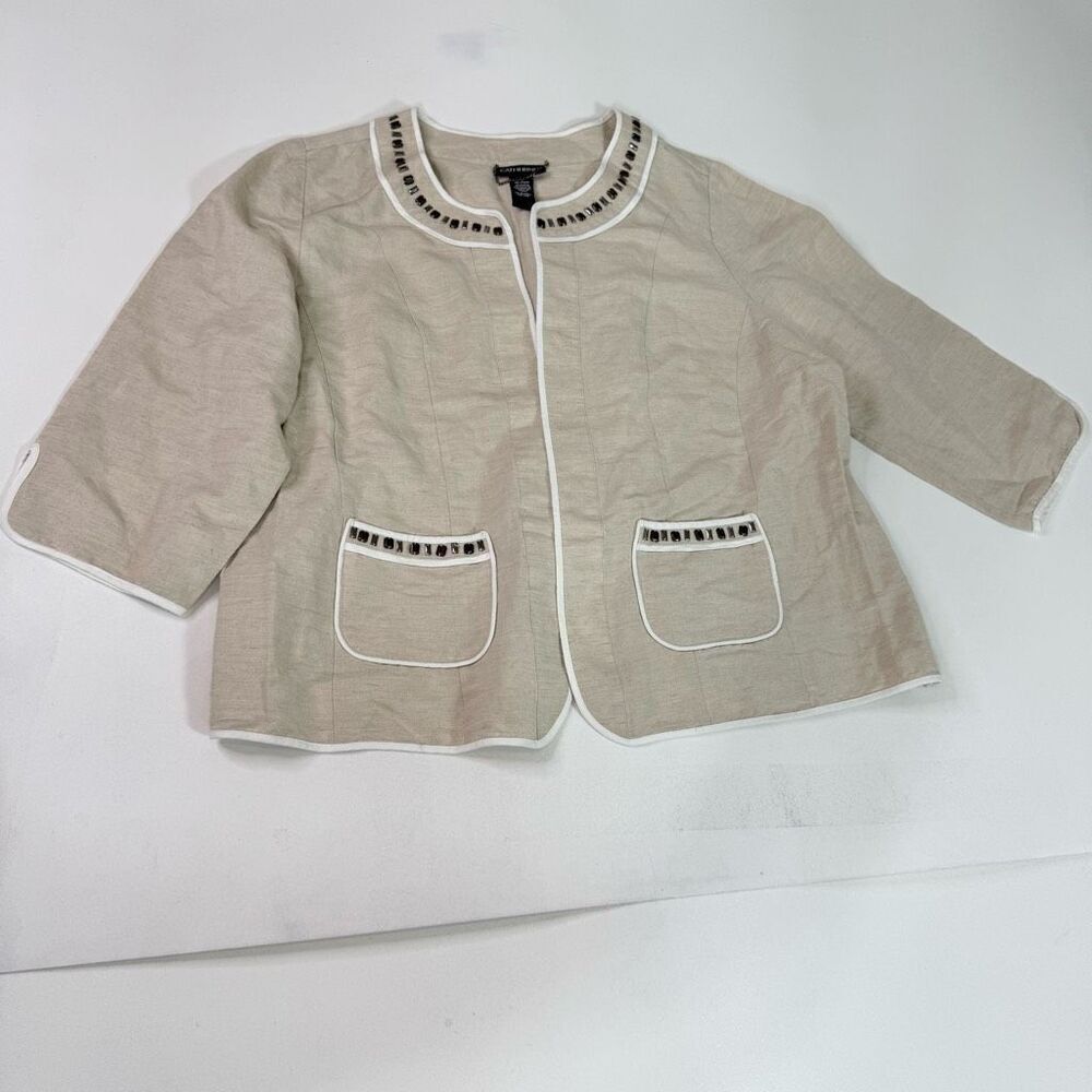 Catherines Blazer Jacket Womens 18/20W tan 3/4 Sleeve Linen Blend Piped‎ Beaded